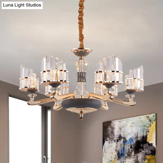 Modernist Crystal Block Pendant Chandelier - Arced Panel 6-Light Gold Ceiling Fixture For Dining