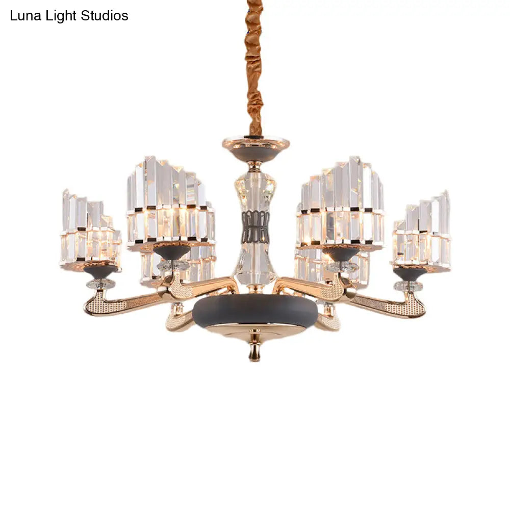 Modernist Crystal Block Pendant Chandelier - Arced Panel 6-Light Gold Ceiling Fixture For Dining