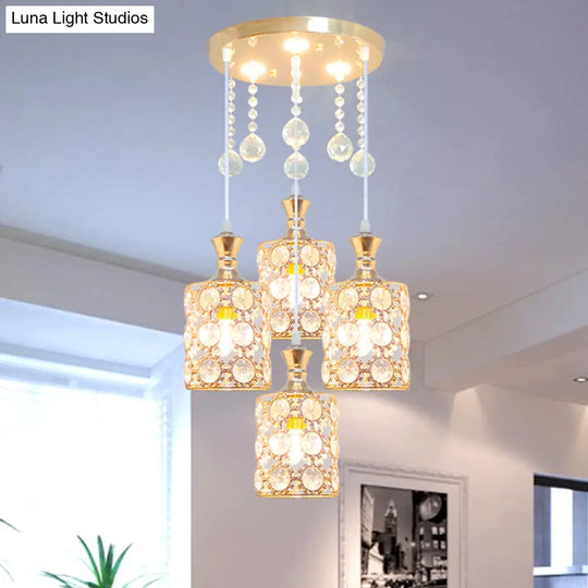 Modernist Gold Cylindrical Multi-Head Crystal Hanging Pendant Light With Droplet Ball