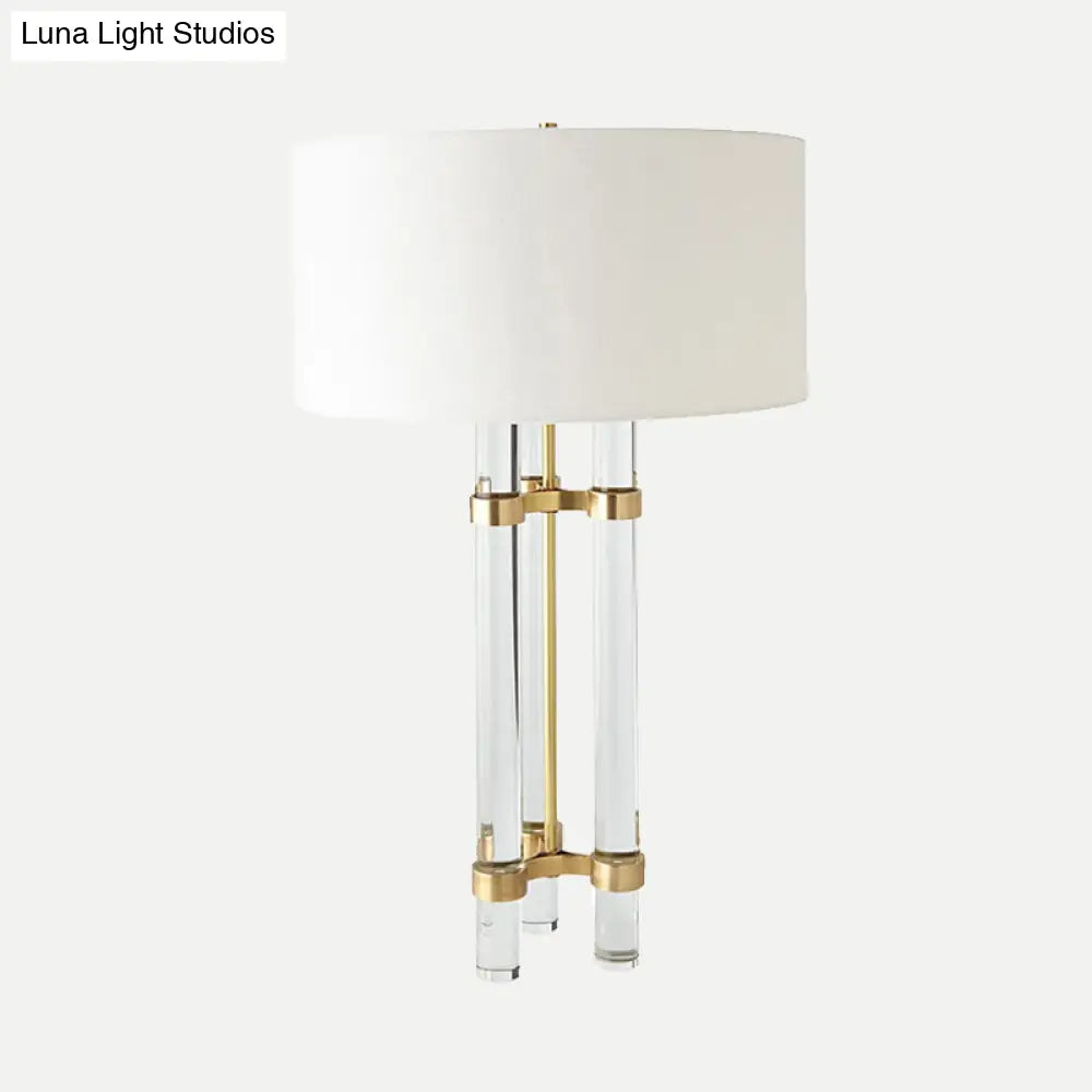 Modernist Gold Crystal Nightstand Lamp With Hand-Cut Crystals & Cylindrical Task Light