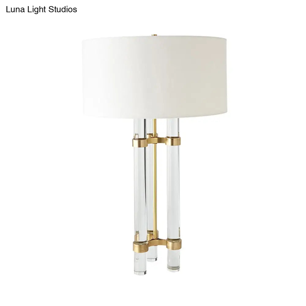 Modernist Gold Crystal Nightstand Lamp With Hand-Cut Crystals & Cylindrical Task Light