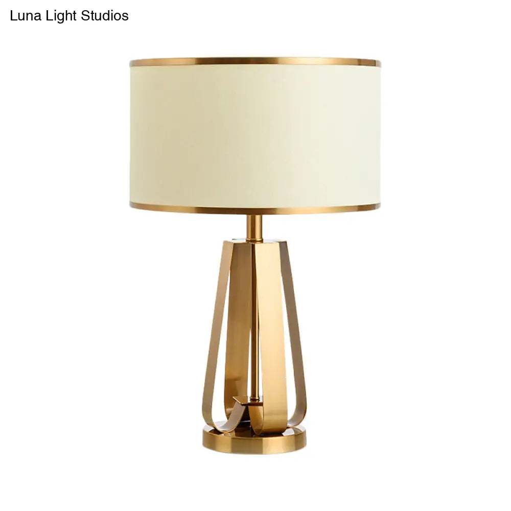 Modernist Gold Drum Table Lamp With Metal Base - Sleek Reading Book Light