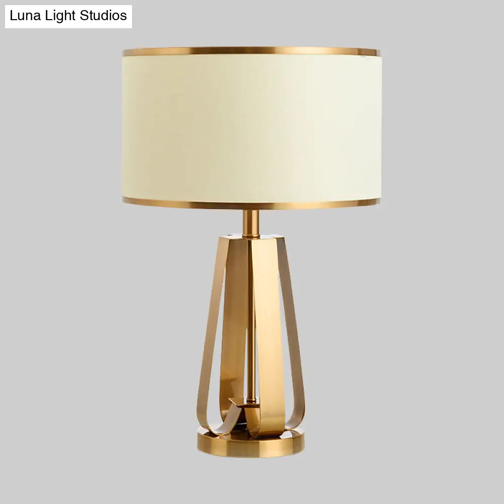 Modernist Gold Drum Table Lamp With Metal Base - Sleek Reading Book Light