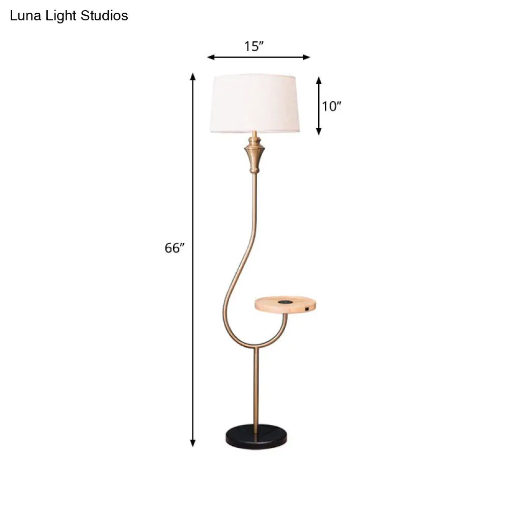 Modernist Gold Fabric Single Head Floor Lamp With Shelf Stylish Bedroom Lighting