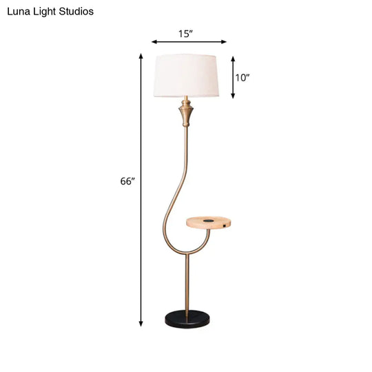 Modernist Gold Fabric Single Head Floor Lamp With Shelf Stylish Bedroom Lighting