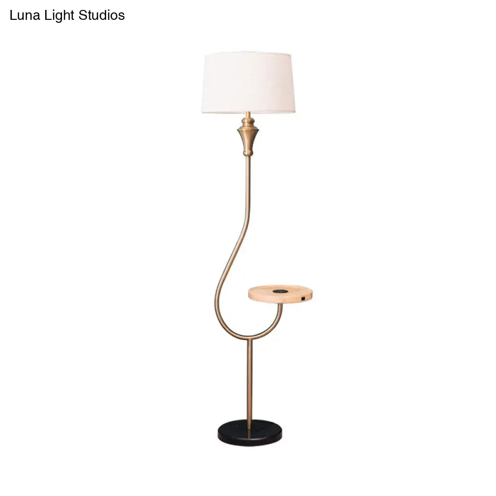 Modernist Gold Fabric Single Head Floor Lamp With Shelf Stylish Bedroom Lighting