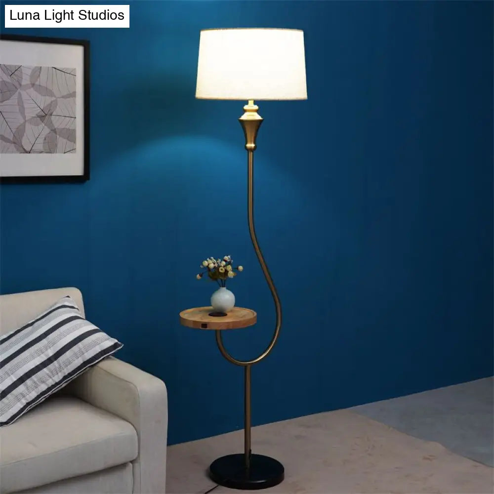 Modernist Gold Fabric Single Head Floor Lamp With Shelf Stylish Bedroom Lighting