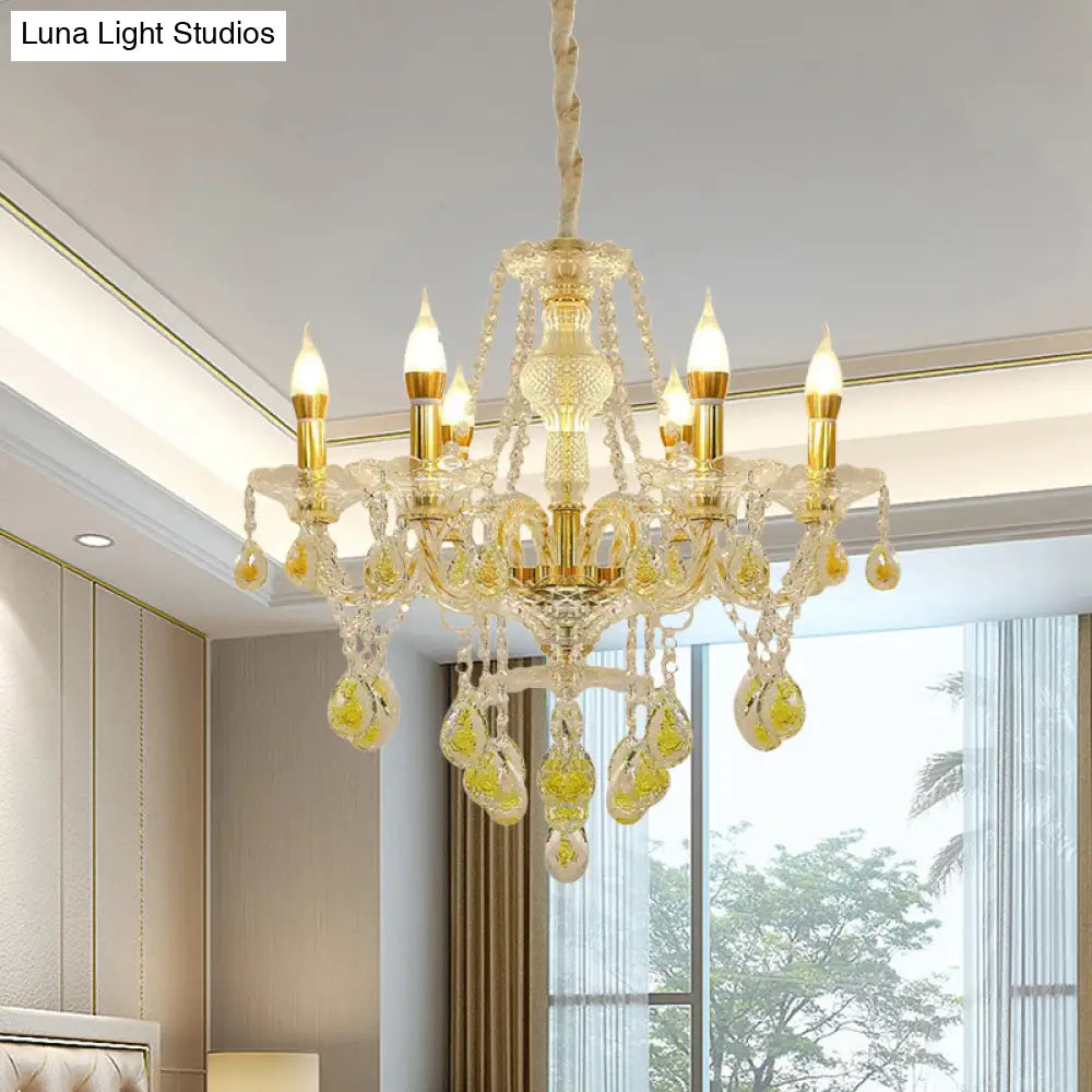 Modernist Gold Finish Candlestick Chandelier With Crystal Drip Pendant Lighting - 6 Bulbs