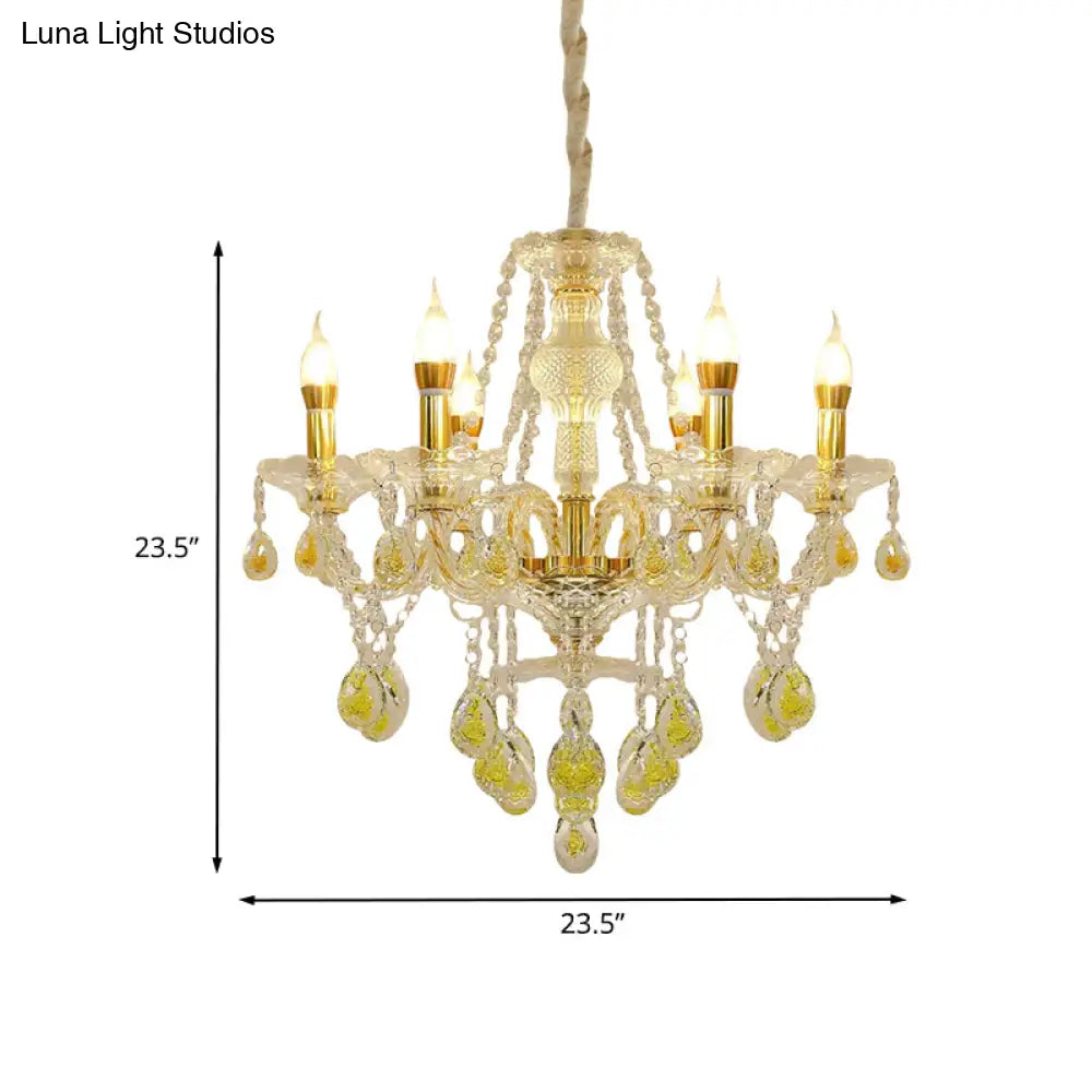 Modernist Gold Finish Candlestick Chandelier With Crystal Drip Pendant Lighting - 6 Bulbs