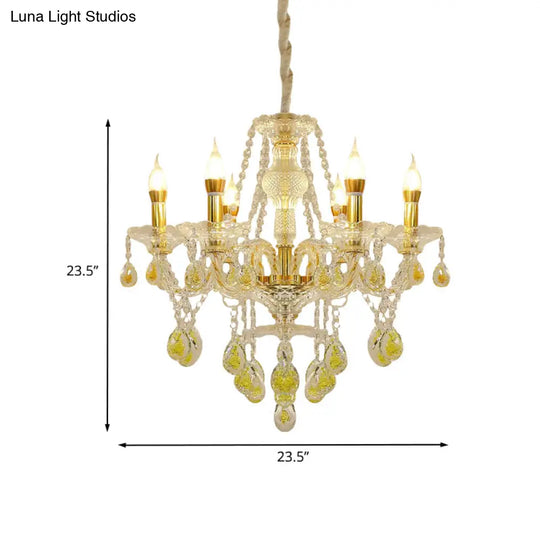 Modernist Gold Finish Candlestick Chandelier With Crystal Drip Pendant Lighting - 6 Bulbs