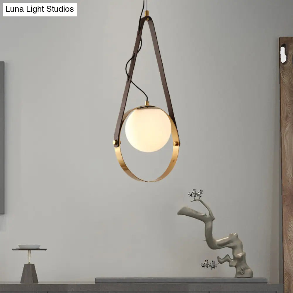 Modernist Gold Finish Ring Suspension Light - 1-Bulb Metal Ceiling Lamp With Belt Detail