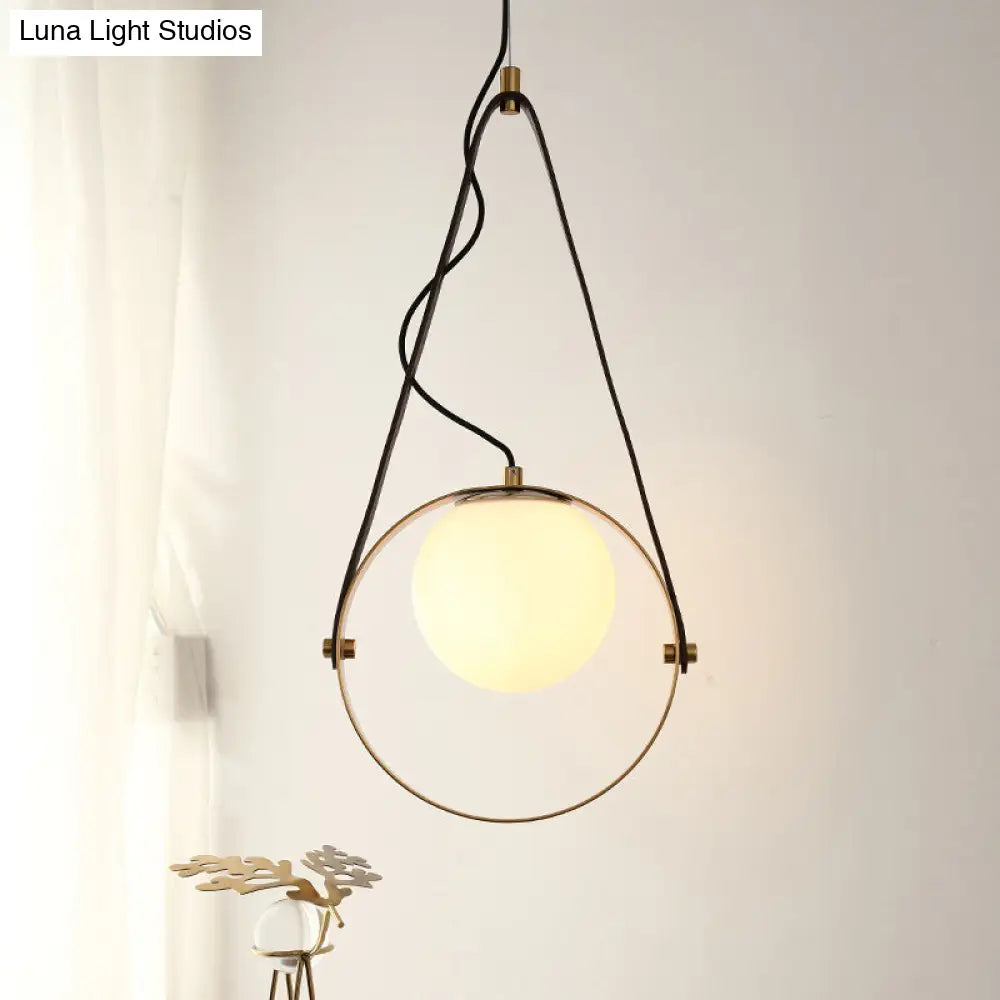 Modernist Gold Ring Suspension Light - Metal Hanging Ceiling Lamp With Belt Detail