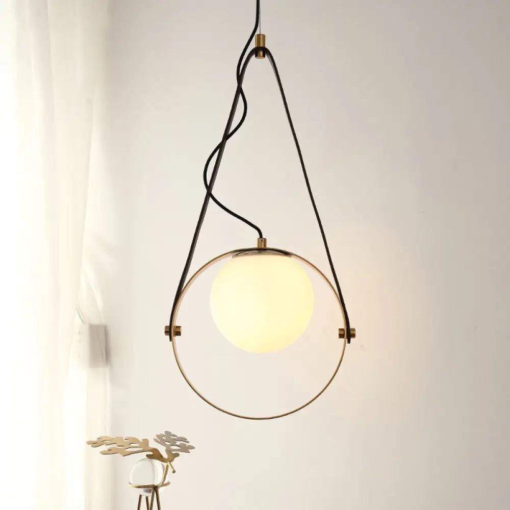 Modernist Gold Finish Ring Suspension Light - 1-Bulb Metal Ceiling Lamp With Belt Detail