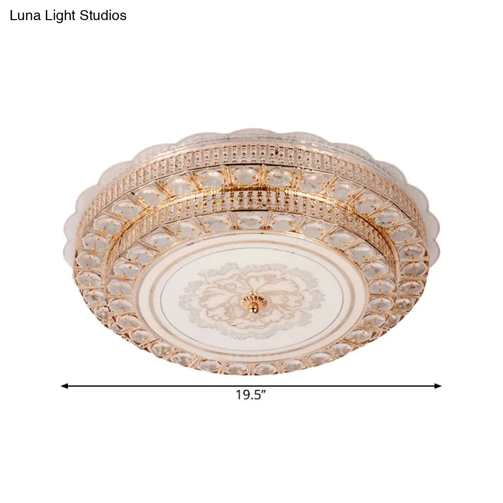 Modernist Gold Led Flush Mount Ceiling Fixture With Beveled Crystal & Flower Pattern