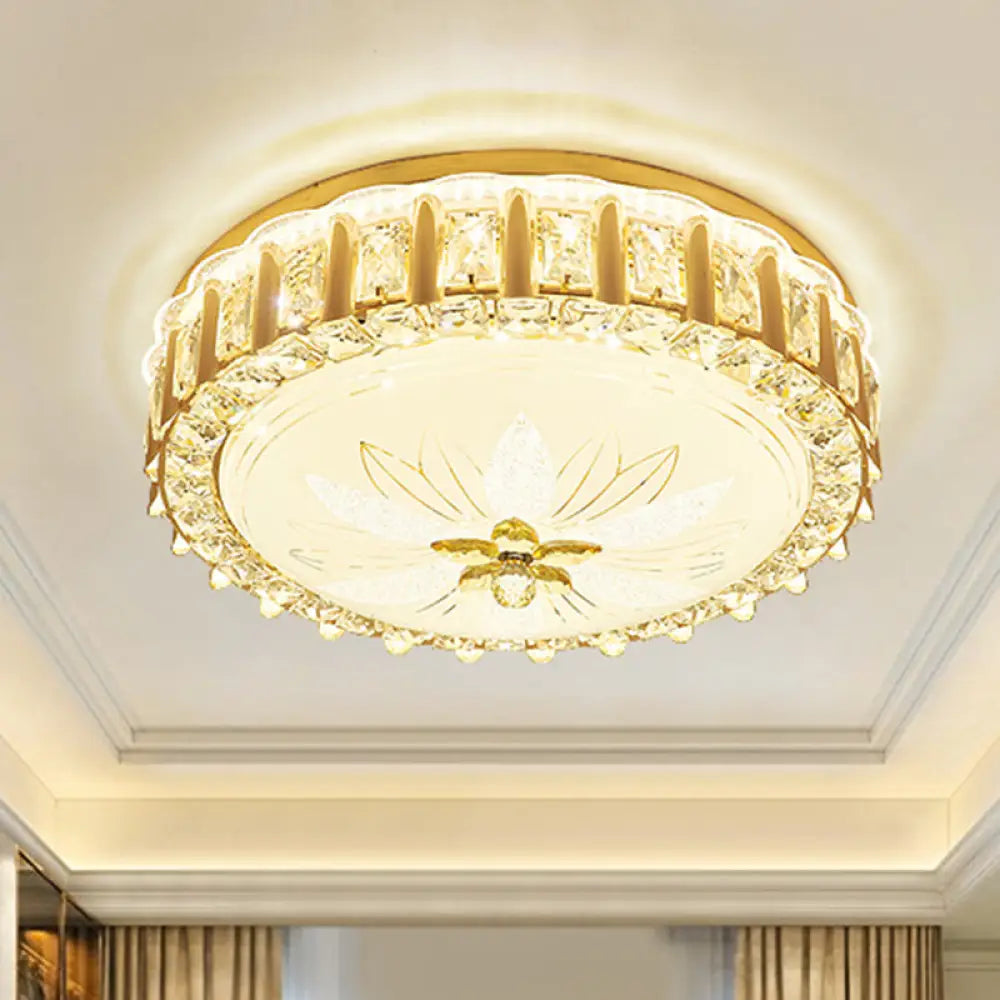 Modernist Gold Led Flush Mount Ceiling Light With Faceted Crystal Drum Shade - Bedroom Lighting