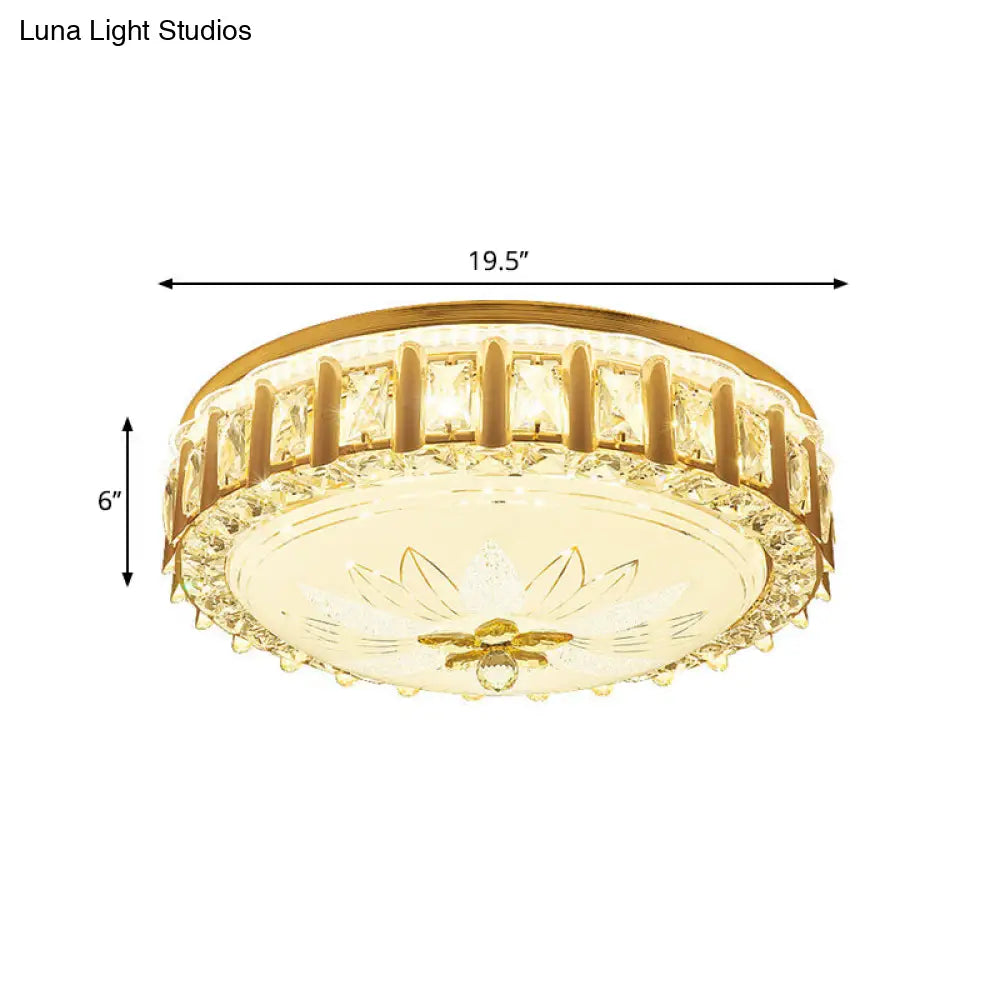 Modernist Gold Led Flush Mount Ceiling Light With Faceted Crystal Drum Shade - Bedroom Lighting