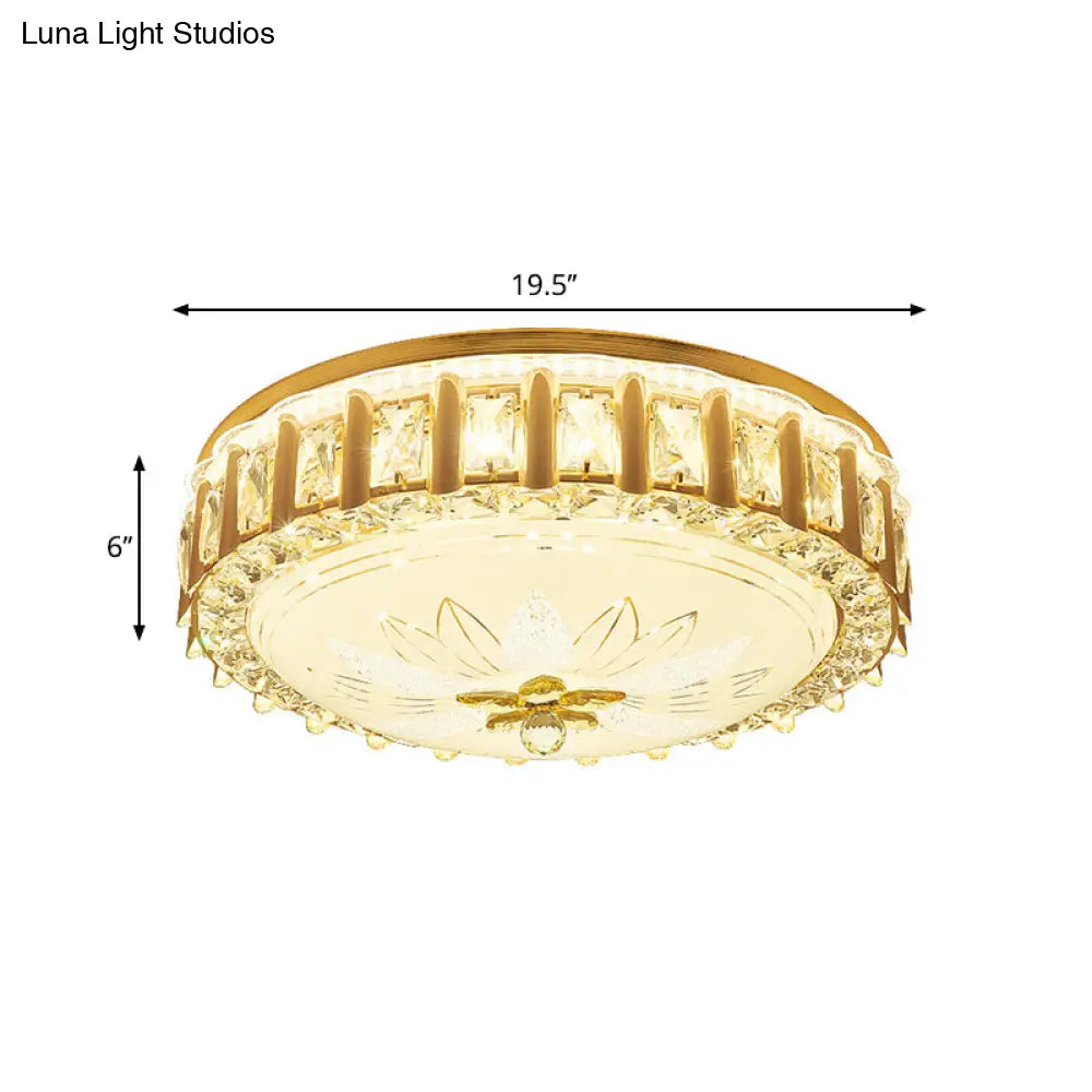 Modernist Gold Led Flush Mount Ceiling Light With Faceted Crystal Drum Shade - Bedroom Lighting