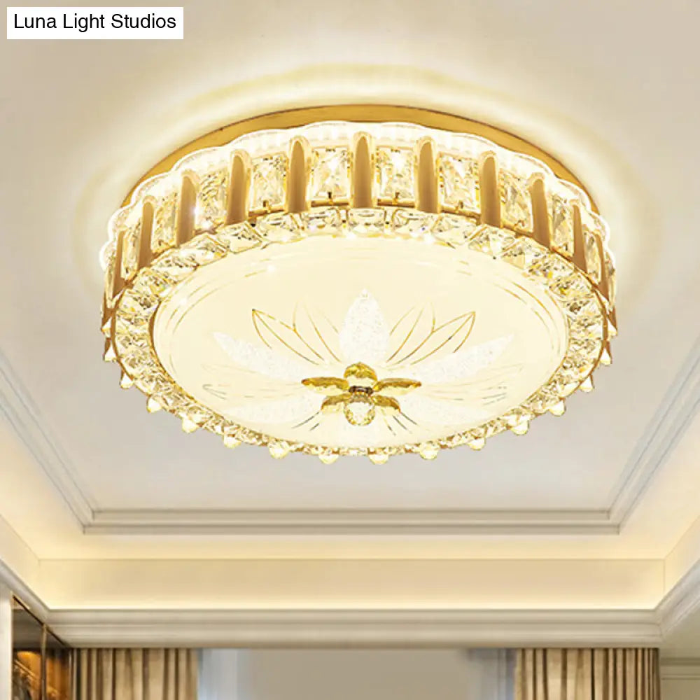 Modernist Gold Led Flush Mount Ceiling Light With Faceted Crystal Drum Shade - Bedroom Lighting