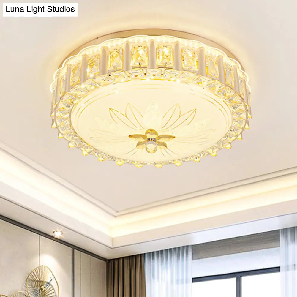 Modernist Gold Led Flush Mount Ceiling Light With Faceted Crystal Drum Shade - Bedroom Lighting