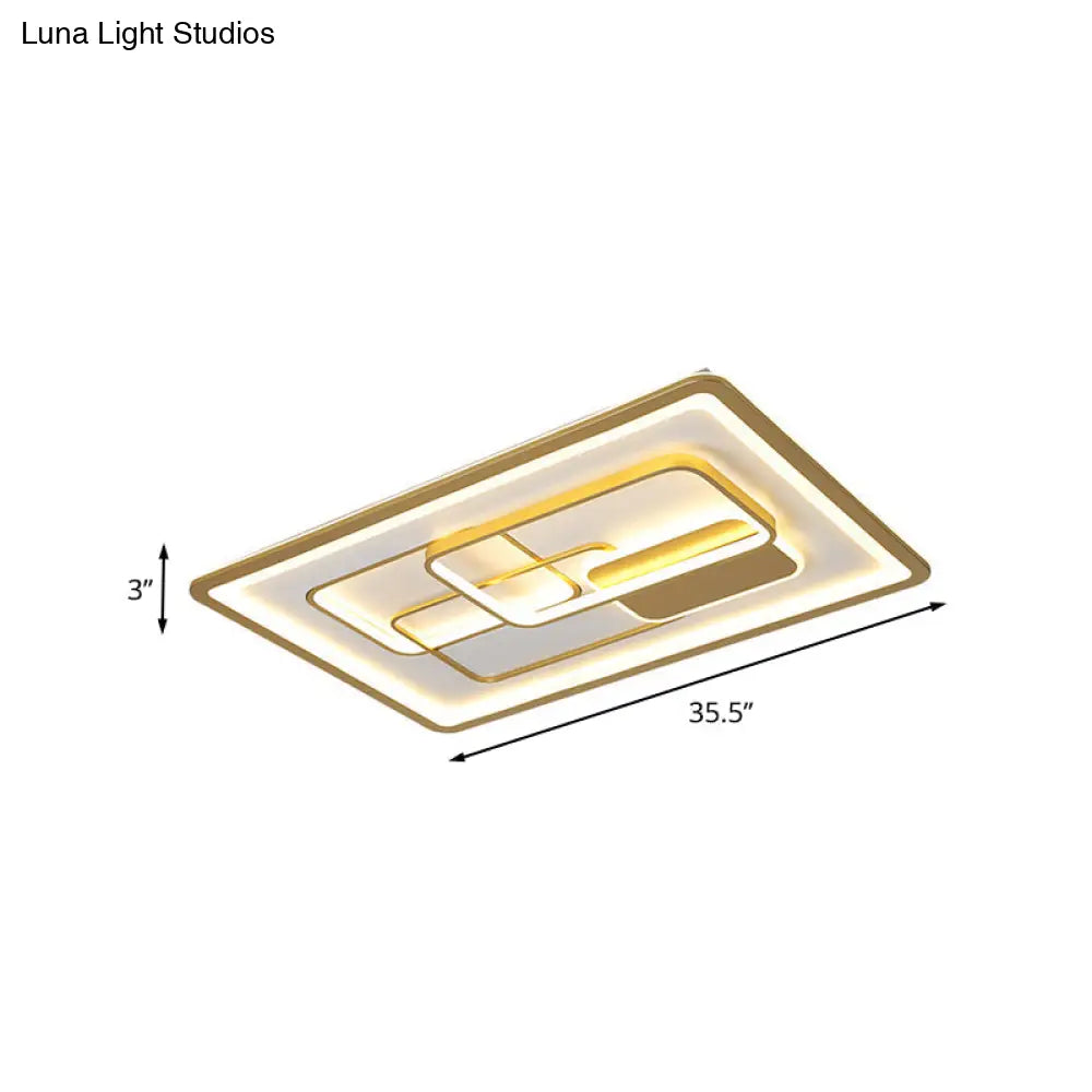 Modernist Gold Led Flush Mount Light Fixture - Rectangle Metallic Lamp 35.5/43 Long White/Warm