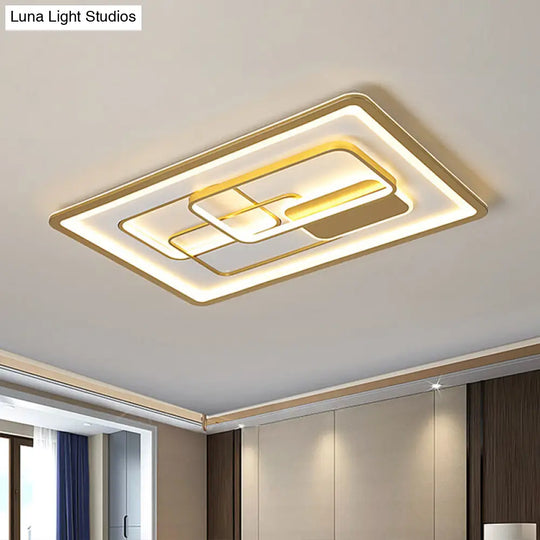 Modernist Gold Led Flush Mount Light Fixture - Rectangle Metallic Lamp 35.5/43 Long White/Warm /