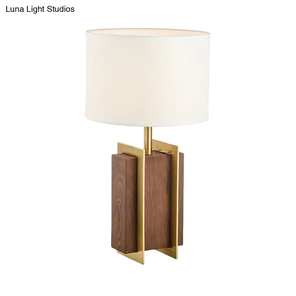 Modernist Gold Metal Desk Lamp With Wood Detail - 1-Head Fabric Table Light