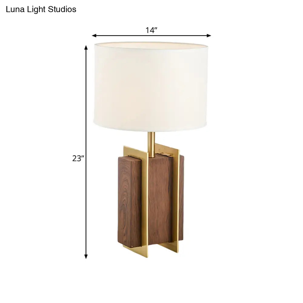 Modernist Gold Metal Desk Lamp With Wood Detail - 1-Head Fabric Table Light