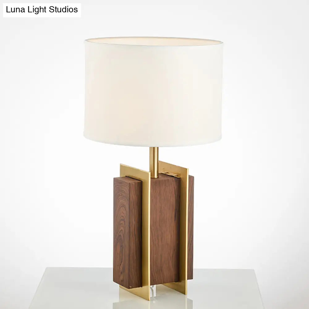 Modernist Gold Metal Desk Lamp With Wood Detail - 1-Head Fabric Table Light