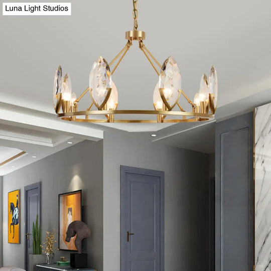 Modernist Gold Ring Chandelier With Crystal Shades - 6/8 Bulbs Hanging Light Kit For Living Room