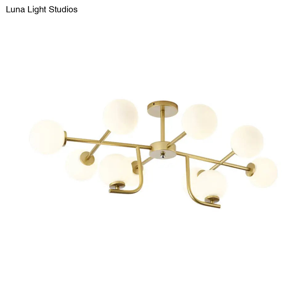 Modern Gold Round Semi Flush Light With 10 Bulbs And White Glass Close To Ceiling Lighting