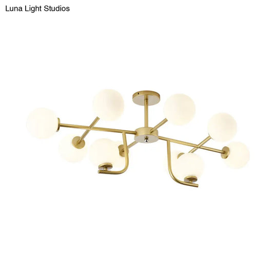 Modern Gold Round Semi Flush Light With 10 Bulbs And White Glass Close To Ceiling Lighting