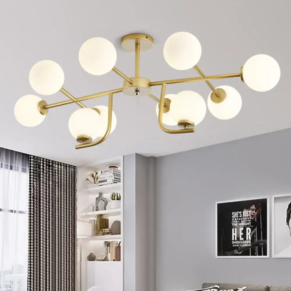 Modernist Gold Round Semi Flush Ceiling Light With 10 - Bulbs And White Glass