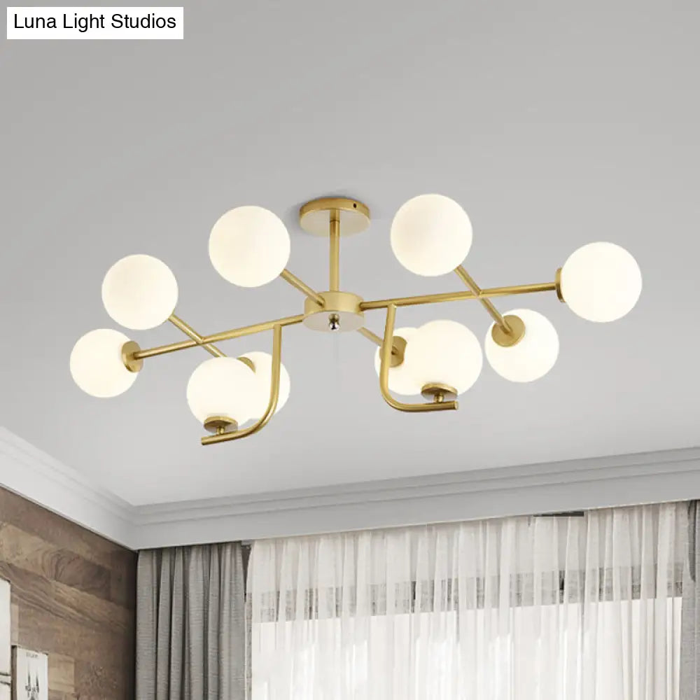Modern Gold Round Semi Flush Light With 10 Bulbs And White Glass Close To Ceiling Lighting