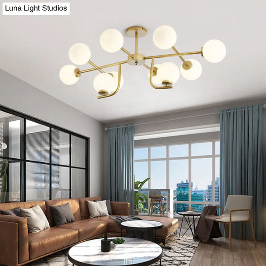 Modern Gold Round Semi Flush Light With 10 Bulbs And White Glass Close To Ceiling Lighting