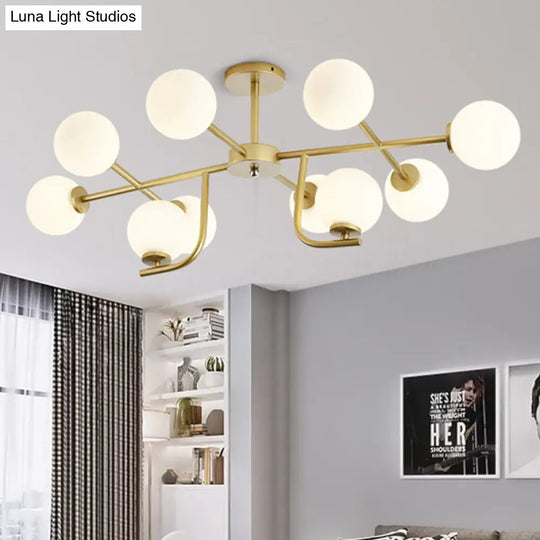 Modern Gold Round Semi Flush Light With 10 Bulbs And White Glass Close To Ceiling Lighting