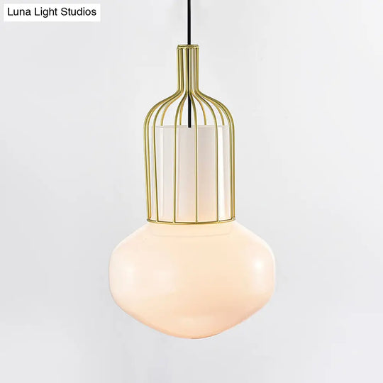 Modern Gold Schoolhouse Pendant Light Fixture With White Glass Cage - 1 Bulb Ceiling Lamp