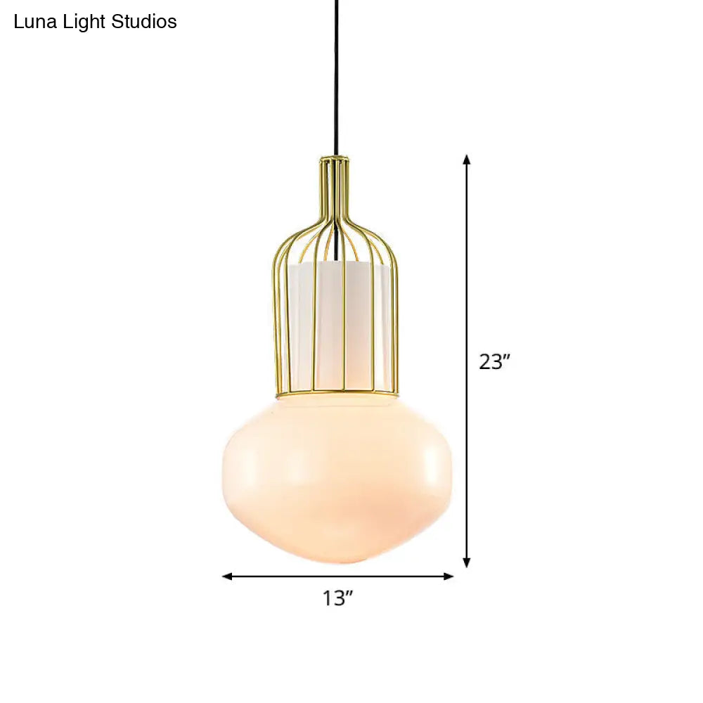 Modern Gold Schoolhouse Pendant Light Fixture With White Glass Cage - 1 Bulb Ceiling Lamp