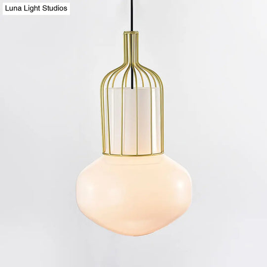 Modernist Gold Schoolhouse Pendant Light With Cage And White Glass Bulb