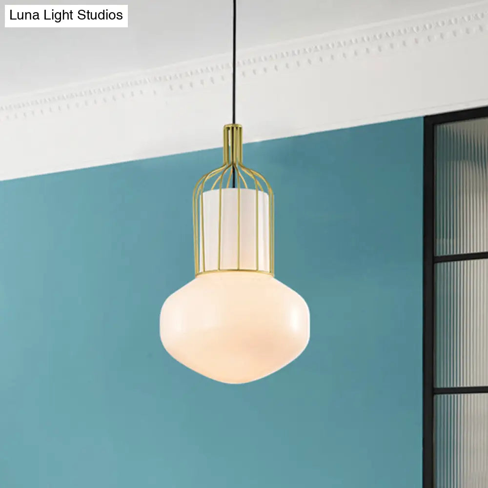 Modern Gold Schoolhouse Pendant Light Fixture With White Glass Cage - 1 Bulb Ceiling Lamp