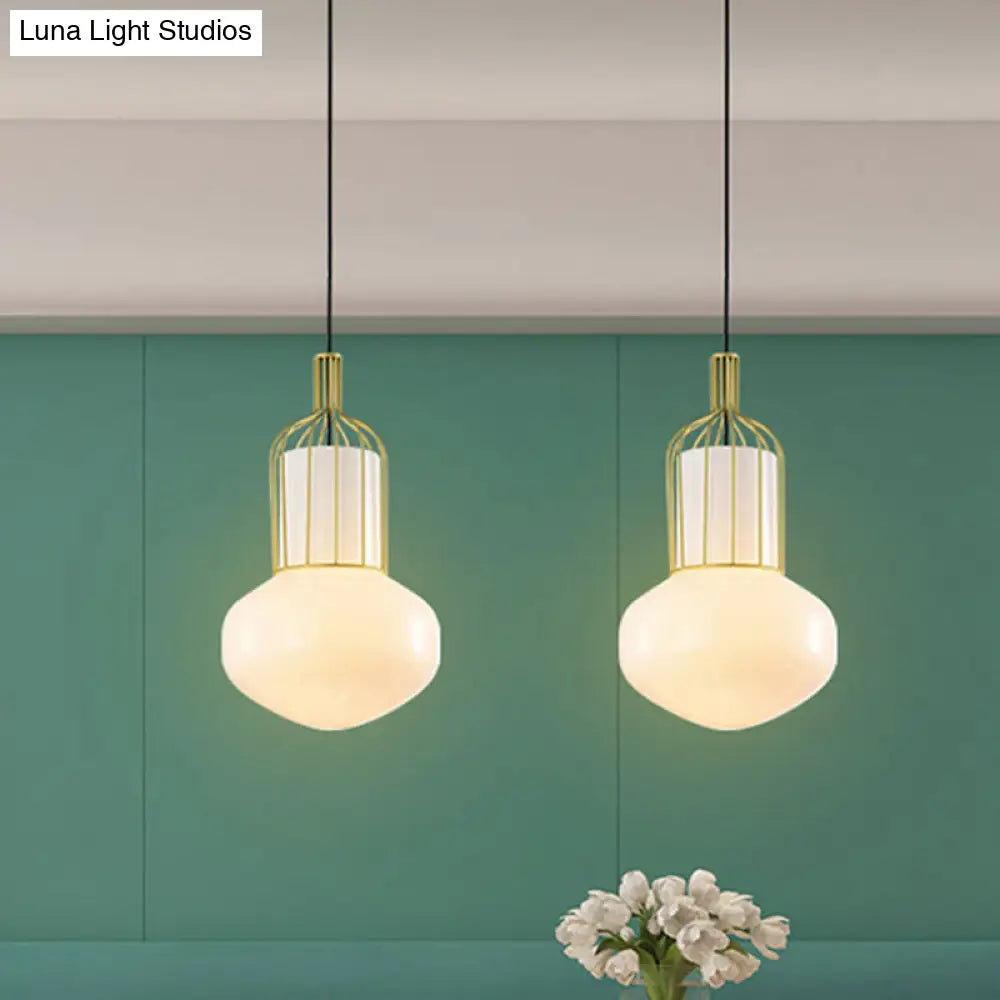 Modern Gold Schoolhouse Pendant Light Fixture With White Glass Cage - 1 Bulb Ceiling Lamp