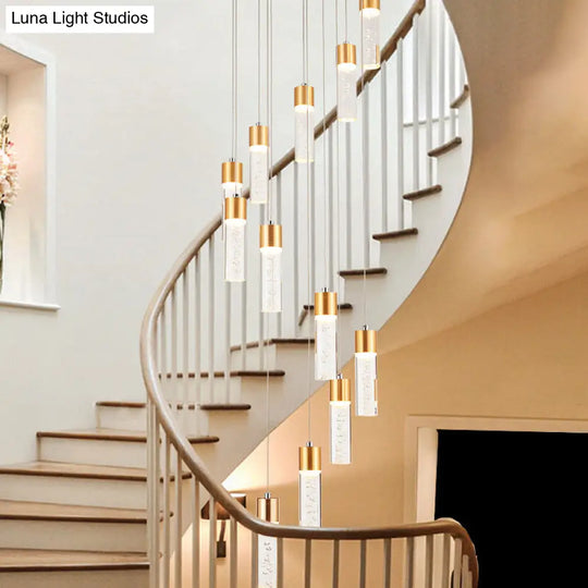 Modernist Gold/Silver Tube Stair Pendant Light With Spiral Design - 12 Heads