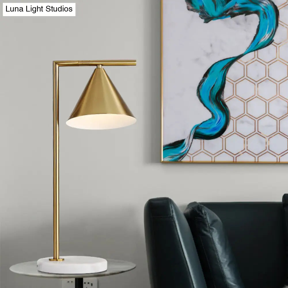 Modernist Gold Small Desk Lamp With Cone Metal Shade - 1 Bulb Bedside Task Lighting