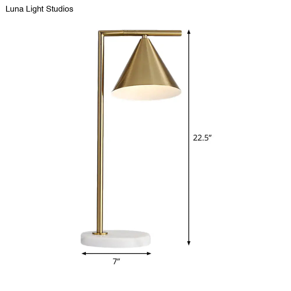 Modernist Gold Small Desk Lamp With Cone Metal Shade - 1 Bulb Bedside Task Lighting