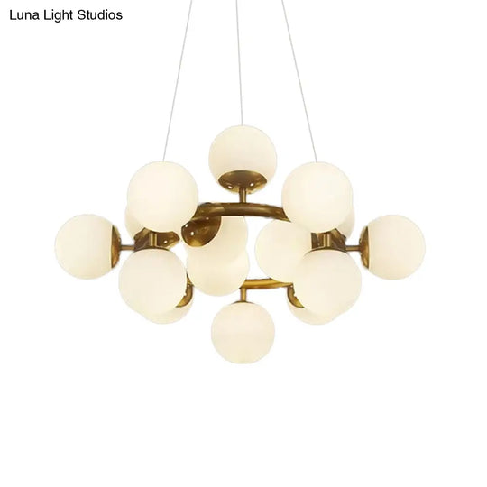 Modernist Gold Sphere Chandelier - 15-Light White Glass Pendant Light