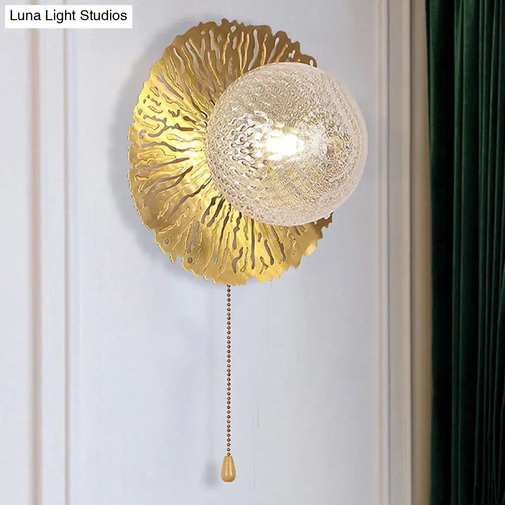 Modernist Gold Sphere Metal Wall Light - Dimple Glass Led Fixture