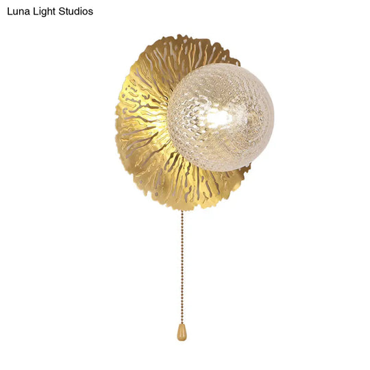 Modernist Gold Sphere Metal Wall Light - Dimple Glass Led Fixture