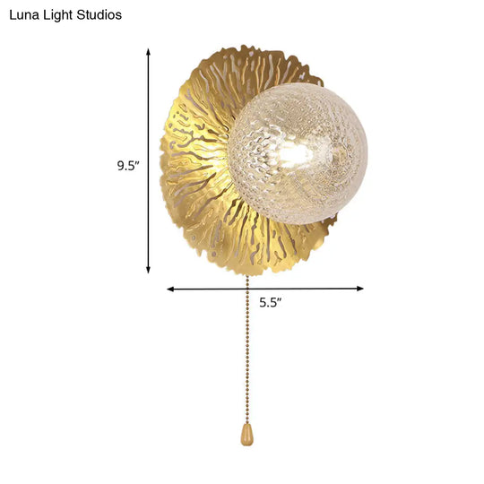 Modernist Gold Sphere Metal Wall Light - Dimple Glass Led Fixture