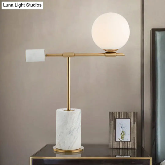 Modernist Gold Spherical Night Table Lamp - 1 Head Task Lighting With White Glass Shade