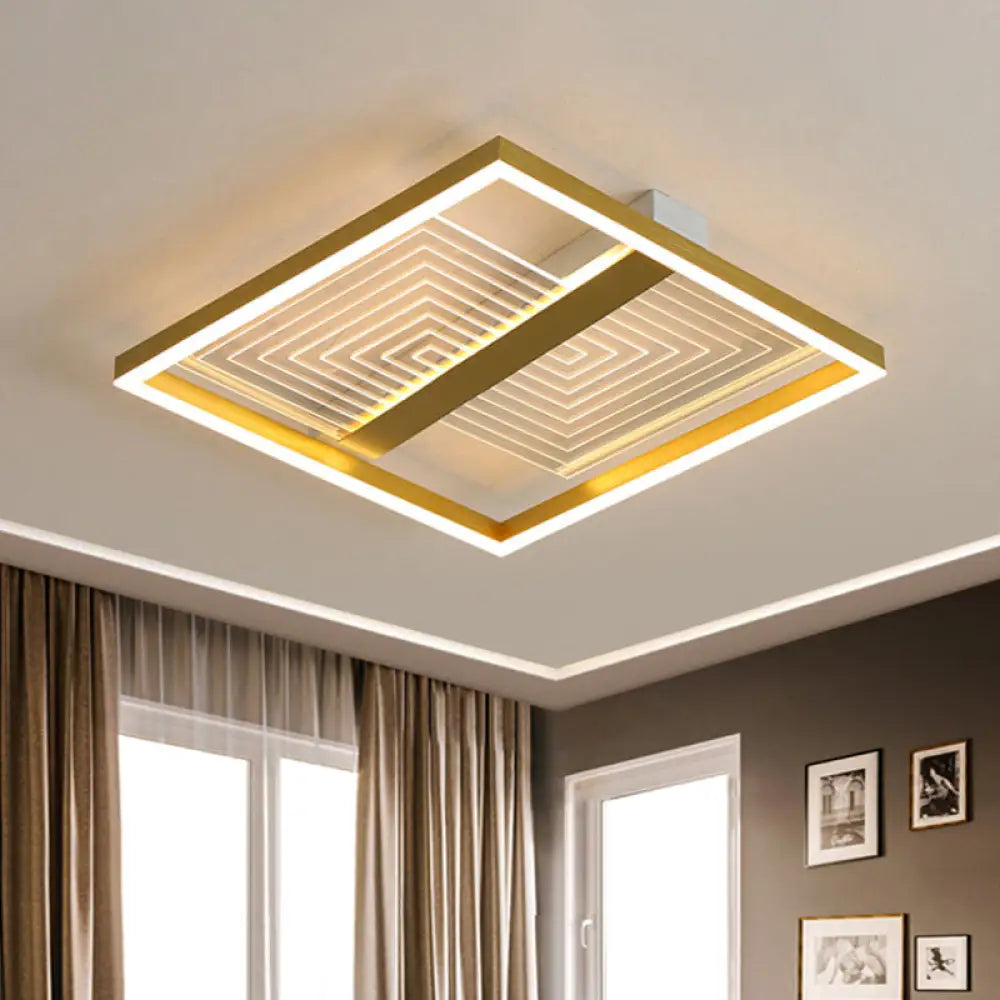 Modernist Gold Square Frame Led Ceiling Light Fixture In 16/19.5 Width - Flush Mount For Sitting