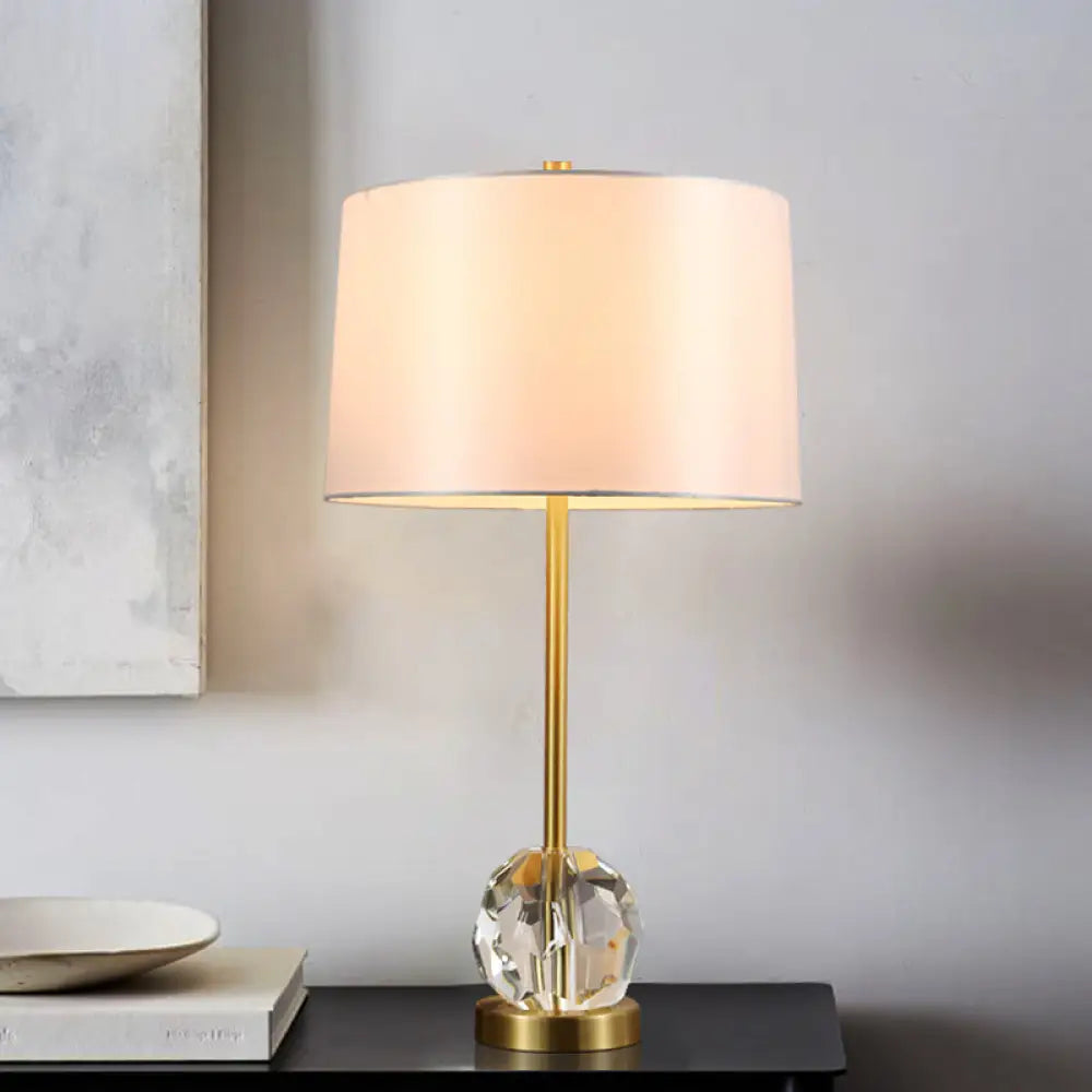 Modernist Gold Task Lamp With Crystal Ball - Fabric Drum Shade 1 Bulb Reading Light